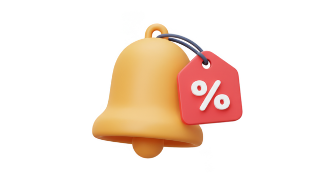 3d Bell Notification with Red Percentage Tag Sale Discount Render PNG