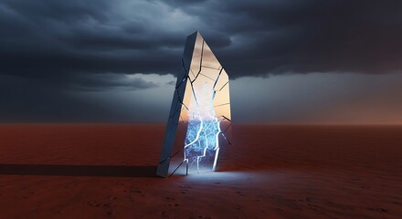 Shattered Monolith: Desert Landscape with Broken Mirror and Electric Glow Under Stormy Sky