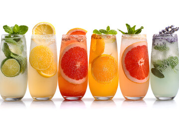 Colorful Citrus Cocktails With Mint And Lavender On White Background