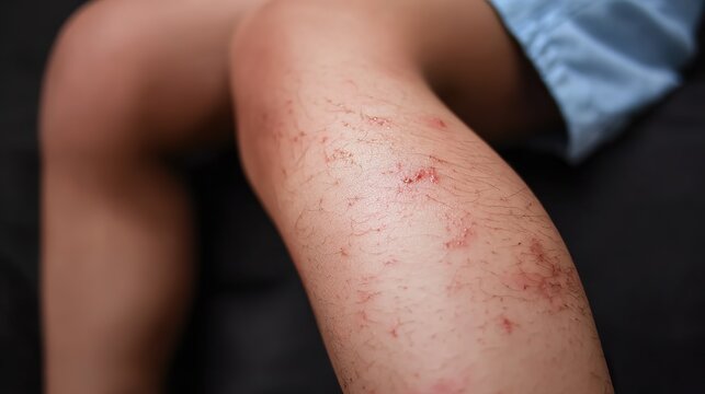 Realistic close-up of a swollen human leg with visible mosquito bite and surrounding redness, symbolizing insect-related health risks and summer skin irritation