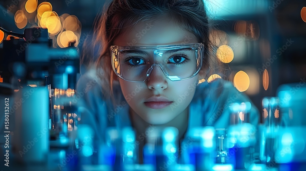 Poster a young engineer testing an advanced powered robot in a laboratory