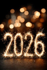 The festive numbers 2026 written with bright golden sparkler lights on dark background. New year celebration and holiday greeting card concept.