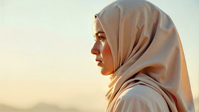 Serene Profile of Woman in Beige Hijab at Sunset Sky - Powered by Adobe