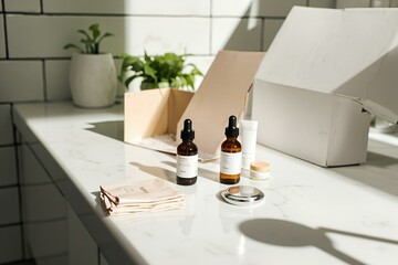 Bathroom Counter With Opened Beauty Box And Skincare Products