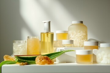 Frosted Glass Containers With Natural Beauty Ingredients On White Shelf