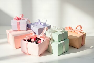 Beauty Subscription Boxes Collection In Pastel Colors With Ribbon Ties