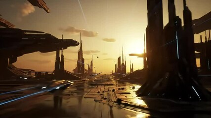 Futuristic Metropolis at Golden Hour - Neon Cityscape with Hovering Vehicles and Sunlit Skyscrapers - Powered by Adobe