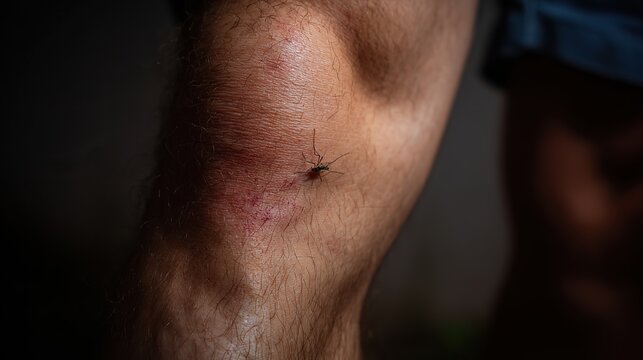 Realistic close-up of a swollen human leg with visible mosquito bite and surrounding redness, symbolizing insect-related health risks and summer skin irritation