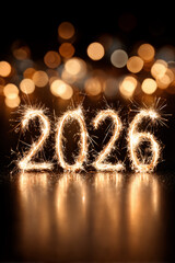 The number 2026 formed by golden sparklers against a bokeh background. New Year's Eve celebration concept.