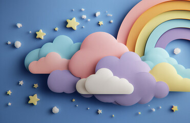 3D paper cut art depicting white clouds with stars