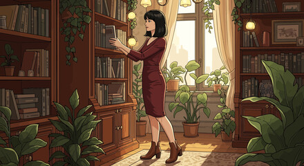 Woman Choosing Book from Bookshelf in Room with City View