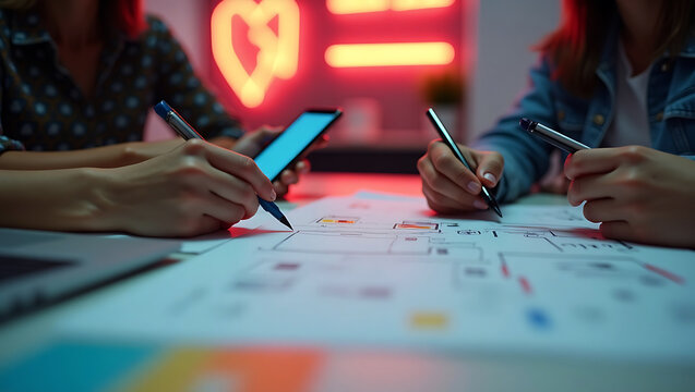 Two people collaborating on a project sketching on blueprints and using a smartphone with a neon heart in the background
