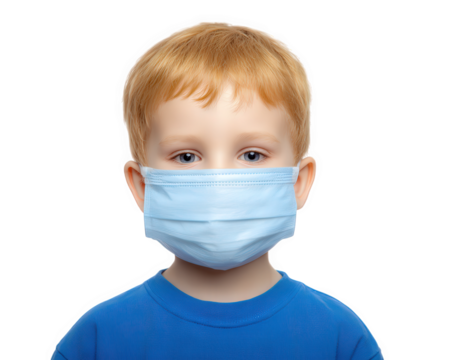 Young boy blue shirt medical face mask isolated transparency background blonde hair child health safety protection calm expression pandemic hygiene portrait studio