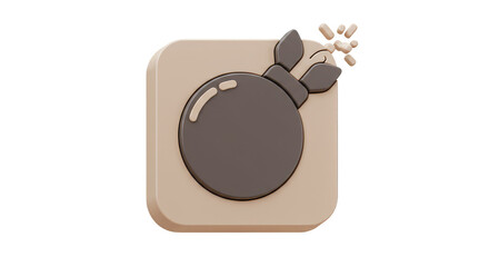 3d Cartoon Bomb Icon Gray Fuse Beige Square Application Weapon