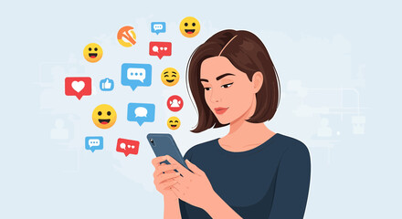 Woman Using Smartphone with Social Media Emojis and Icons