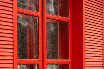 red window frame work shutter winter frozen pattern December concept perspective background