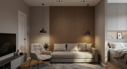 Modern living room design with wood paneling and neutral color palette scheme