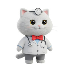 3D Cartoon Cat Doctor with Stethoscope White Coat and Transparent Background