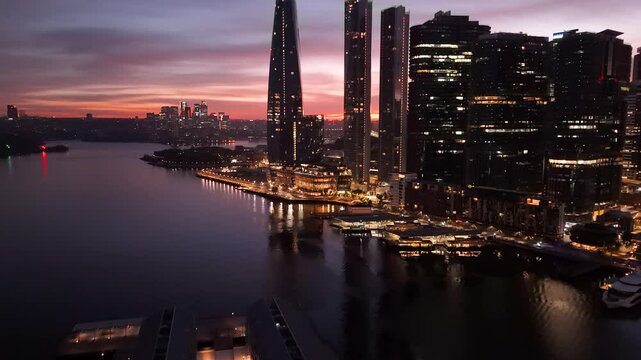 Aerial drone view of Barangaroo waterfront precinct in Sydney City, NSW Australia during an early morning sunrise in July 2025     