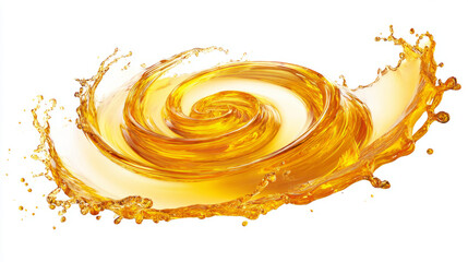 Sunflower oil splash in golden tones, spiral shape isolated on white