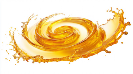 Sunflower oil splash in golden tones, spiral shape isolated on white