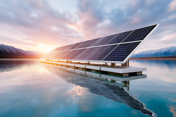 Solar panels positioned on floating platform capturing sunlight at dawn over tranquil water