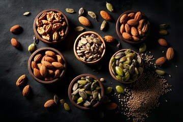 Assorted Nuts And Seeds Collection In Wooden Bowls