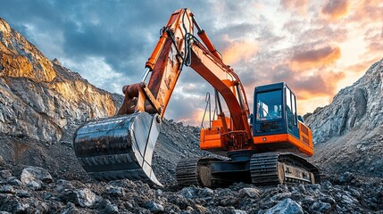 Large Heavy-Duty Orange Excavator with a Shovel Standing on Rocky Hill at a Construction or Mining Site 
