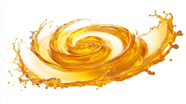 Sunflower oil splash in golden tones, spiral shape isolated on white