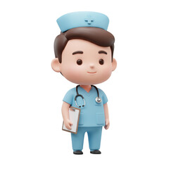 3D Cartoon Nurse Doctor Holding Clipboard with Stethoscope
