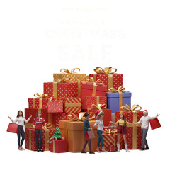 3D Christmas Sale with Gifts People Celebrating Holiday Season
