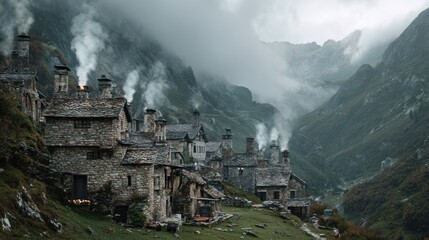 Misty mountain village nestled in valley