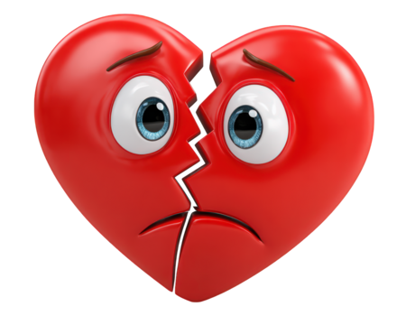 Broken heart emotion icon with sad face, large blue eyes, expressive eyebrows, and deep crack down center, symbolizing heartbreak, sorrow, and emotional pain - Powered by Adobe