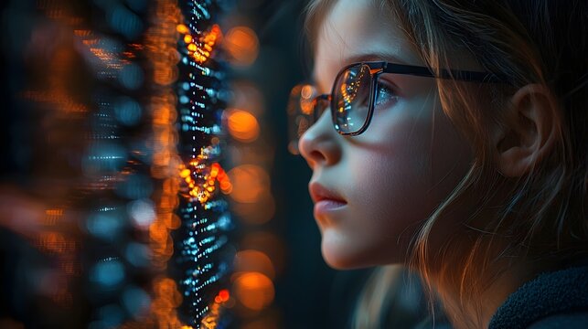 Cyber genius child analyzing digital DNA structures in a neon lit research lab