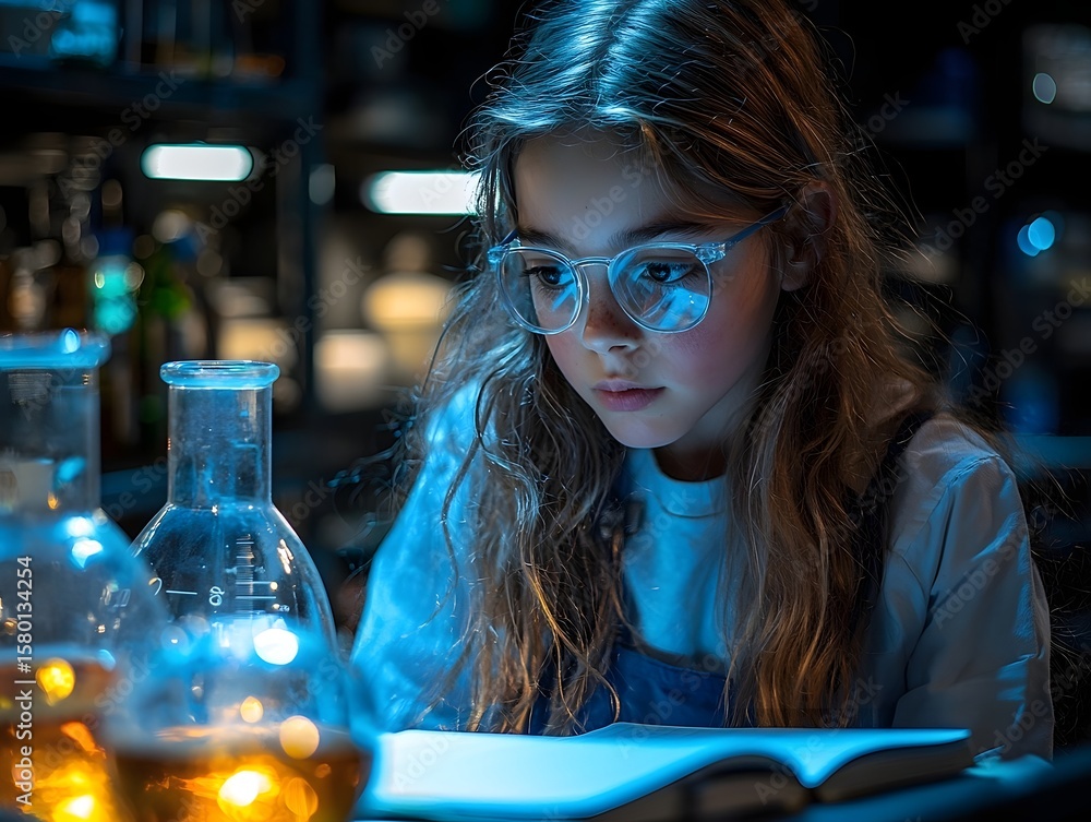 Poster young chemist mixing glowing liquids in a dark lab documenting the reaction in a notebook