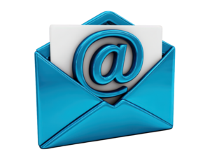 Blue envelope icon with white card and metallic at symbol, representing email communication, digital message, and online correspondence, isolated on transparent background