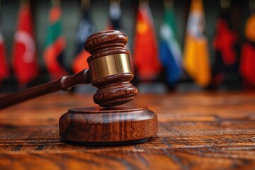 A judge’s wooden gavel rests on a sound block in a courtroom, with blurred international flags in the background, symbolizing justice, law, authority, and global legal proceedings