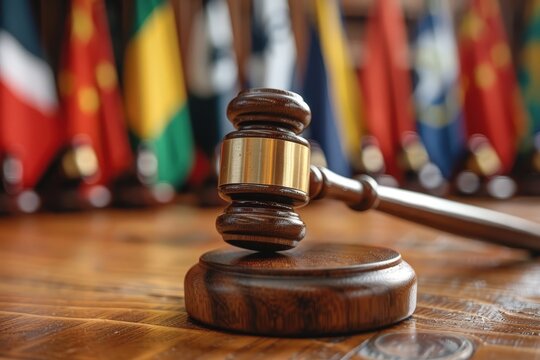 A judge’s wooden gavel rests on a sound block in a courtroom, with blurred international flags in the background, symbolizing justice, law, authority, and global legal proceedings