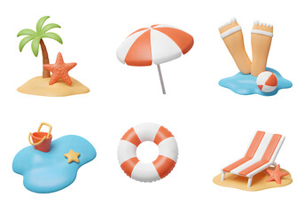 Naklejka premium 3D Beach Summer Vacation with Palm Tree Starfish and Beach Umbrella