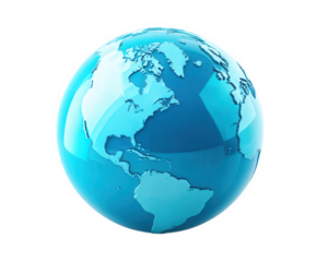Blue globe glossy continents North America South America transparent background 3D illustration shiny surface modern digital isolated peaceful