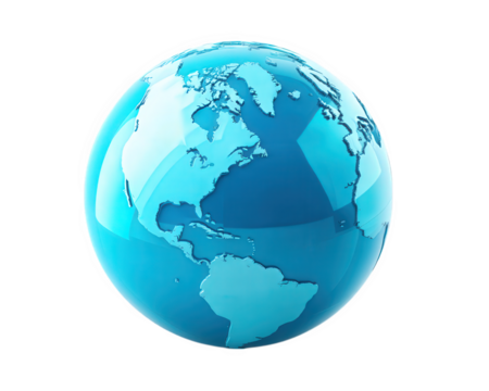 Blue globe glossy continents North America South America transparent background 3D illustration shiny surface modern digital isolated peaceful