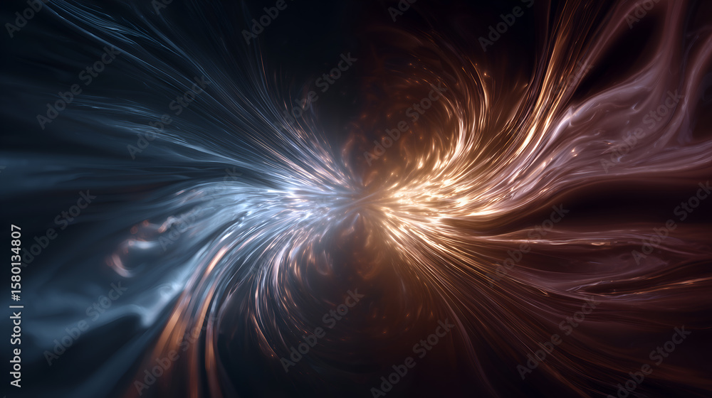 Poster an abstract visualization of energy, showcasing a fusion of blue and orange hues in a dynamic swirl,