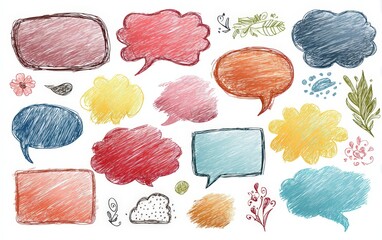 Hand drawn speech bubble set in vivid crayon colors with textured marks and playful decorative doodles, perfect for educational materials and social communication infographics