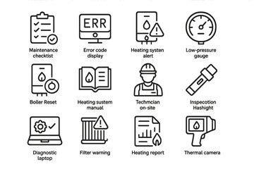 Heating system maintenance icons: checklist, alerts, gauges, and tools