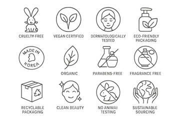 Eco-friendly vegan and cruelty-free skincare certification icons