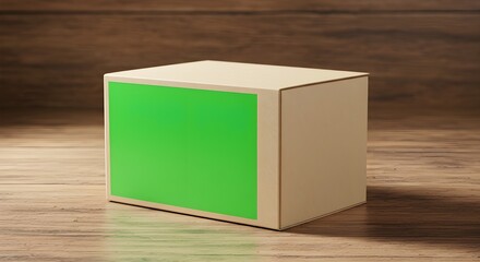 Cardboard box with green screen on wooden surface awaits a customized label and message for product advertising