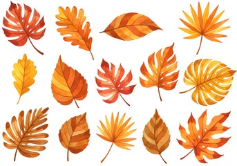 Fototapeta premium Illustration Autumn Foliage Watercolor Leaves Transparent Background