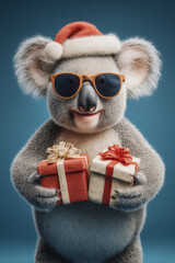 Cute koala wearing a Santa hat and sunglasses, holding two wrapped gift boxes. Christmas holiday season celebration.