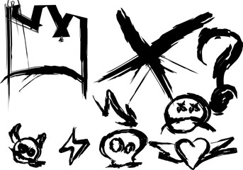 Grunge-style sketch set of expressive comic symbols, including arrows, faces, heart, question mark, and bold strokes. Perfect for manga, graffiti, or edgy designs.
