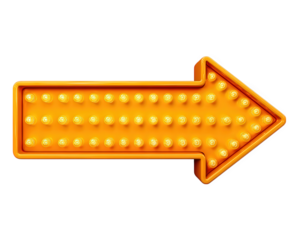 Bright yellow arrow sign with glowing light bulbs, isolated on transparent background, retro style, illuminated direction symbol, cheerful and eye catching for decoration or signage